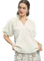 Umgee Blouse Cream Textured Puff Short Sleeve Split Neck Top