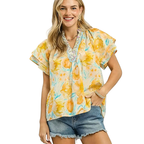 Umgee Blouse Crochet Lace Trim Cotton V-Neck Yellow Mix Floral Ruffle Top
