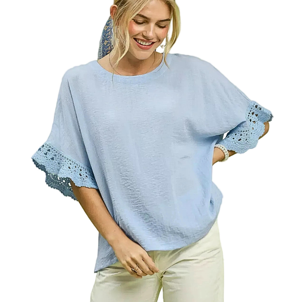 Umgee Blouse Crochet Lace Trim Flutter Short Sleeve Casual Ice Blue Top