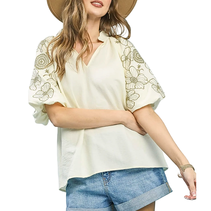 Umgee Blouse Ecru Floral Embroidered Ballon Sleeve V-Neck Boho Casual Summer Top
