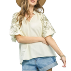 Umgee Bluse Ecru Blumenstickerei Ballonärmel V-Ausschnitt Boho Freizeit Sommertop