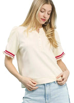 Umgee Puff Sleeve Button Front Top with Contrast Trim