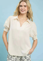 Umgee Blouse Ecru Seersucker Puff Short Sleeve Top