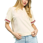 Umgee Blouse Ecru V-Neck Button Red Stripe Contrast Trim Puff Short Sleeve Top