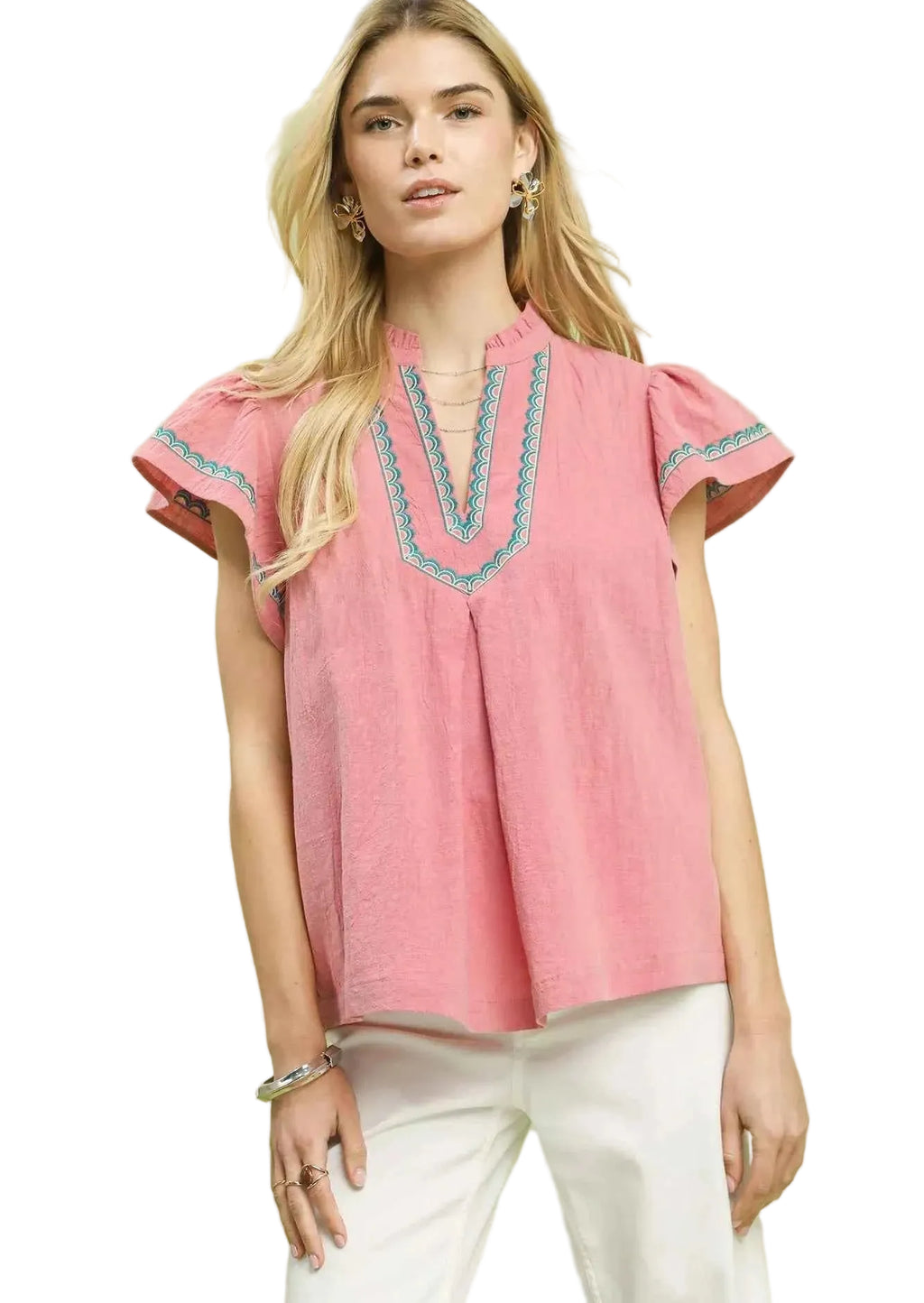 Umgee Blouse Embroidered Flutter Short Sleeve Mauve Cotton Top