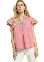 Umgee Blouse Embroidered Flutter Short Sleeve Mauve Cotton Top