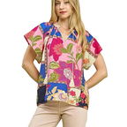 Umgee Blouse Floral Blue Mix Patchwork V-neck Lace Trim Tassel Tie Boho Top