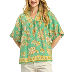 Umgee Bluse Blumen Boho Grün Aprikose Böhmische Oversize Kurz Ballonärmel Oberteil