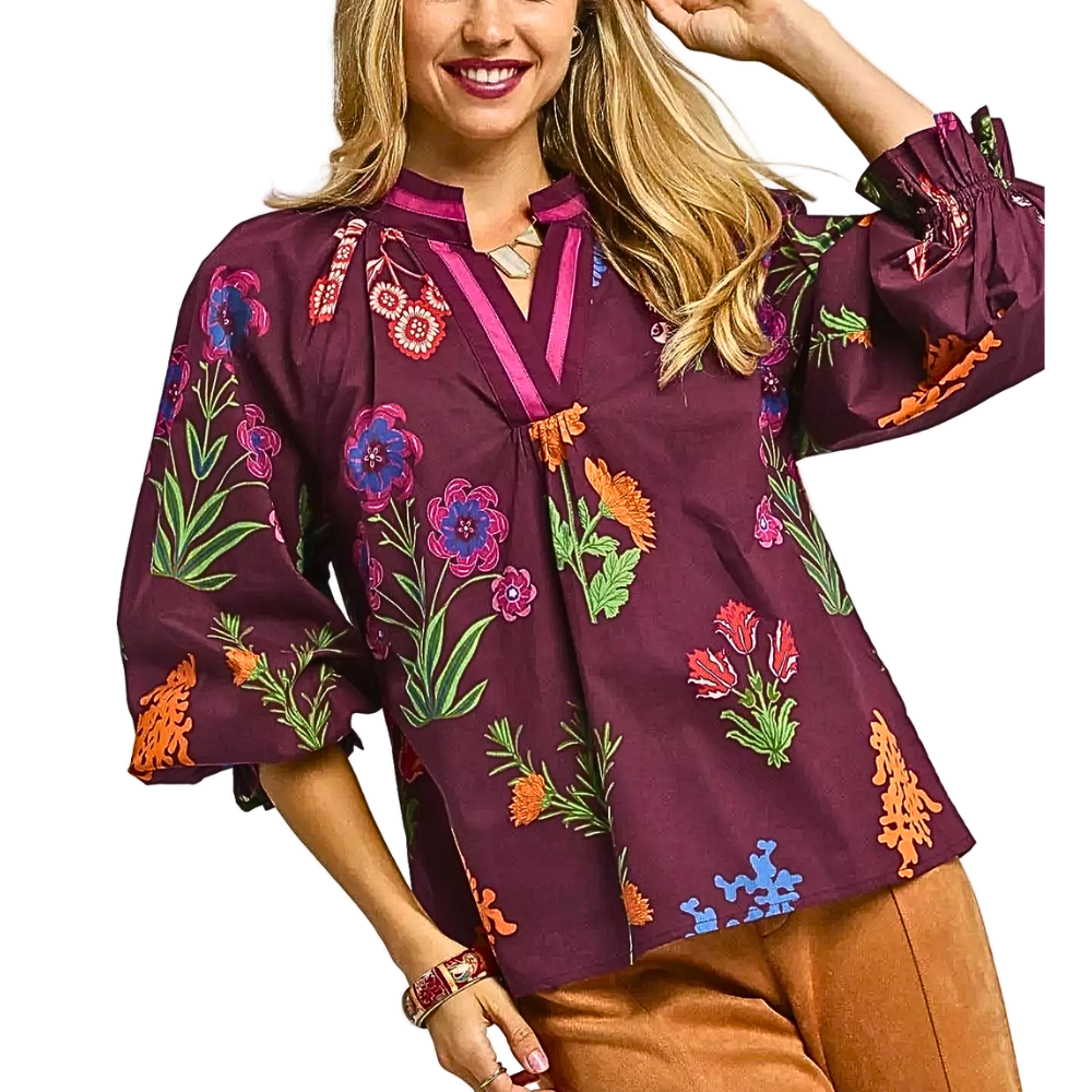 Umgee Blouse Floral Burgundy Mix V-Neck Stripe Short Balloon Ruffle Sleeve Top
