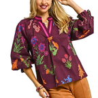 Umgee Blouse Floral Burgundy Mix V-Neck Stripe Short Balloon Ruffle Sleeve Top