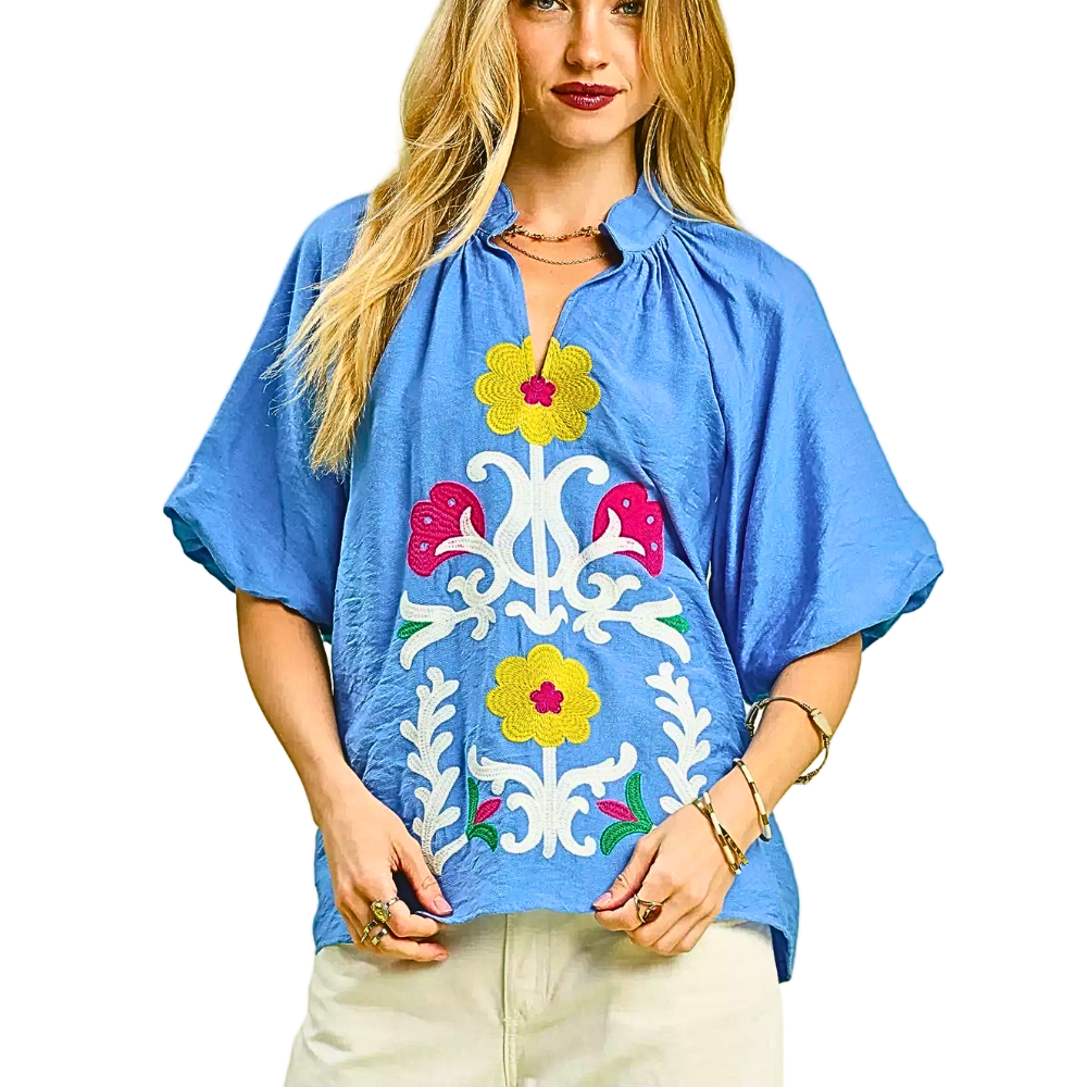 Umgee Blouse Floral Embroidered Blue V-Neck Ruffle Balloon Short Sleee Boho Top