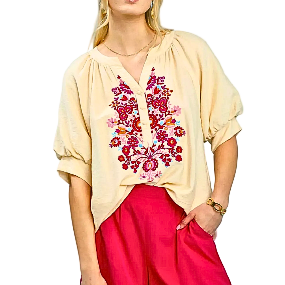 Umgee Blouse Floral Embroidered V-Neck Buttoned Cream Short Puff Sleeve Top