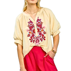 Umgee Blouse Floral Embroidered V-Neck Buttoned Cream Short Puff Sleeve Top