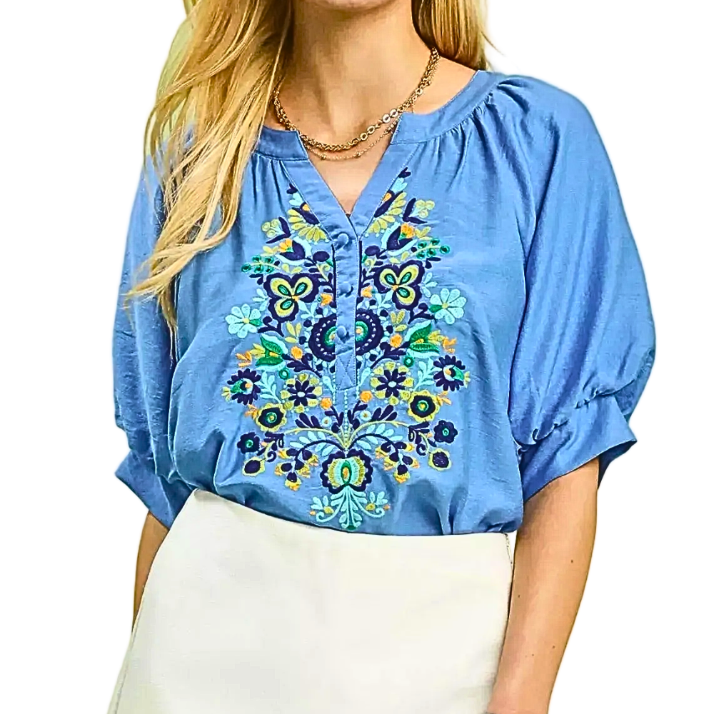Umgee Blouse Floral Embroidered V-Neck Buttoned Light Blue Short Puff Sleeve Top