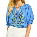Umgee Blouse Floral Embroidered V-Neck Buttoned Light Blue Short Puff Sleeve Top