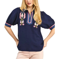 Umgee Blouse Floral Embroidered V-Neck Stripe Trim Navy Blue Puff Short Sleeve Top