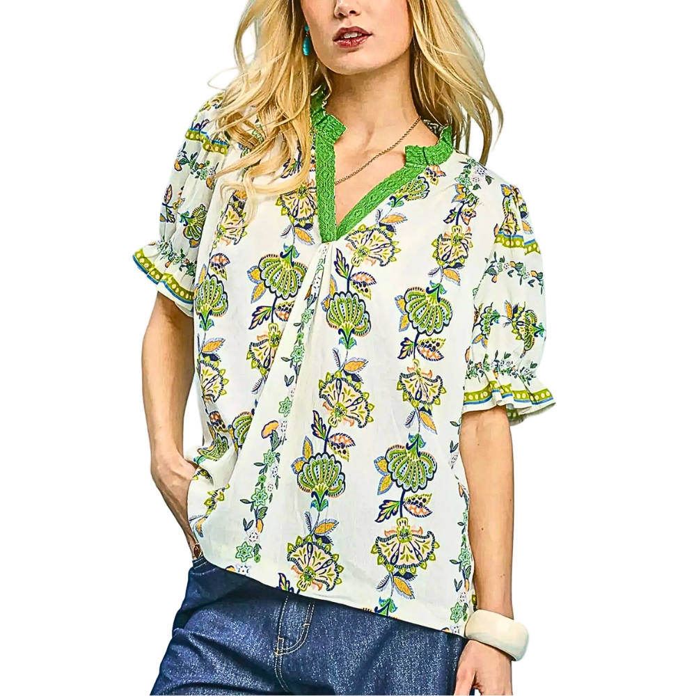 Umgee Blouse Floral Green V-Neck Lace Trim Abstract Ruffle Short Puff Sleeve Top