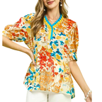 Umgee Bluse mit Blumenmuster, Honey Mix Print, Kontraststreifen, V-Ausschnitt, Boho Sommer Top