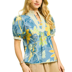 Umgee Blouse Floral Laggon Mixed Abstract Print V-Neck Contrast Puff Sleeve Top