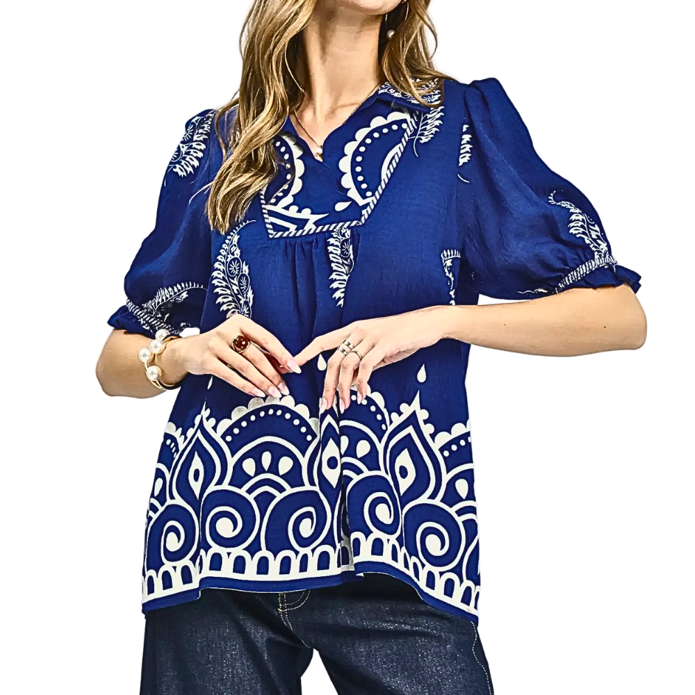 Umgee Blouse Floral Paisley Print V-Neck Split Collar Azure Blue Ruffle Puff Sleeve Top