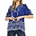 Umgee Blouse Floral Paisley Print V-Neck Split Collar Azure Blue Ruffle Puff Sleeve Top