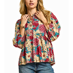Umgee Blouse Floral Ruffle Tie V-Neck 3/4 Ballon Sleeve Casual Loose Boho Top