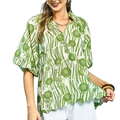Umgee Blouse Floral Sage Green V-Neck Short Balloon Sleeve Ruffle High-Low Top
