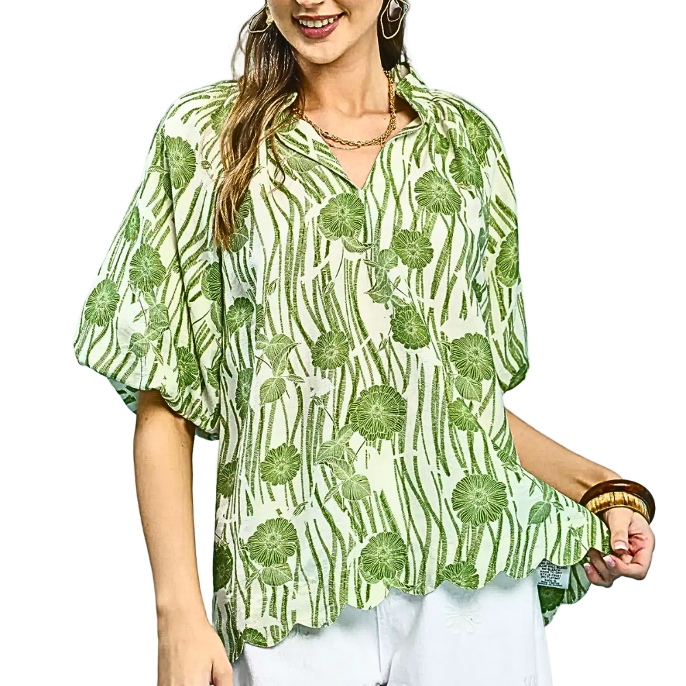 Umgee Blouse Floral Sage Green V-Neck Short Balloon Sleeve Ruffle High-Low Top