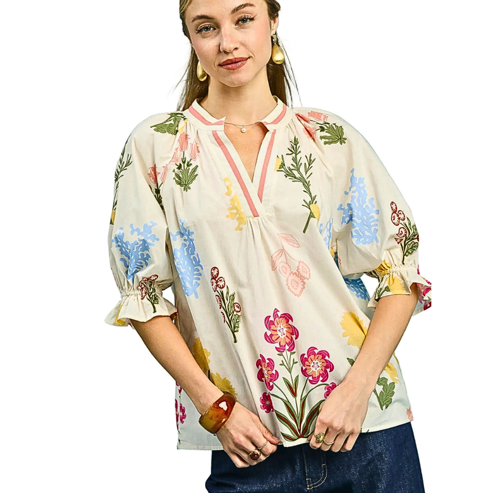 Umgee Blouse Floral Split V-Neck Trim Cream Puff Short Sleeve Casual Ruffle Top