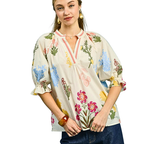 Umgee Blouse Floral Split V-Neck Trim Cream Puff Short Sleeve Casual Ruffle Top