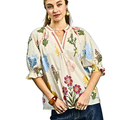 Umgee Blouse Floral Split V-Neck Trim Cream Puff Short Sleeve Casual Ruffle Top
