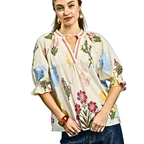 Umgee Blouse Floral Split V-Neck Trim Cream Puff Short Sleeve Casual Ruffle Top