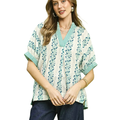 Umgee Blouse Floral V-Neck Stripe Trim Casual Teal Green Short Sleeve Top