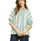 Umgee Blouse Floral V-Neck Stripe Trim Casual Teal Green Short Sleeve Top
