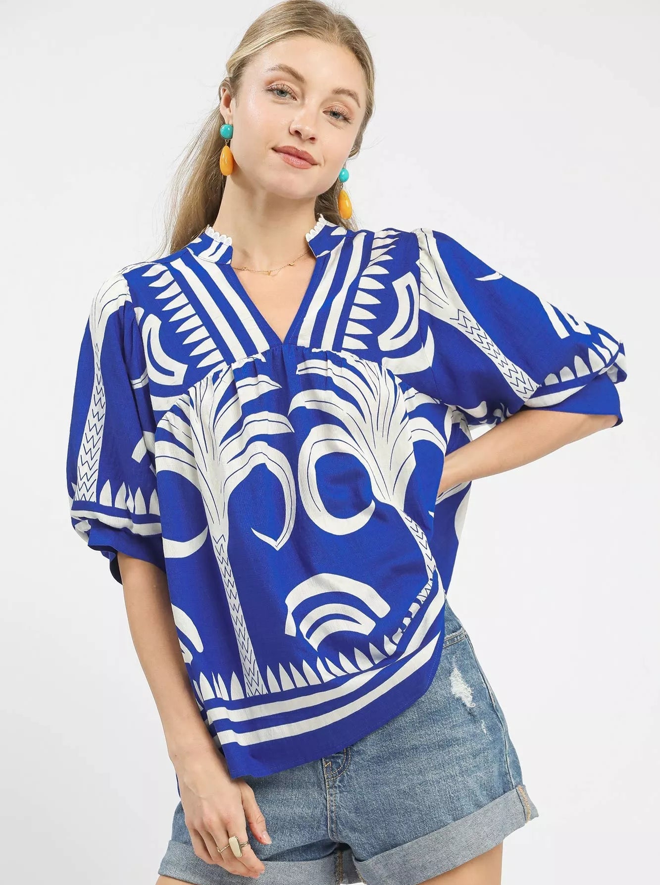 Umgee Blouse Folk Art Palm Print Ocean Blue Puff Short Sleeve Top OCEAN Umgee_Blouse_Folk_Art_Palm_Print_Ocean_Blue_Puff_Short_Sleeve_Top Trendsi