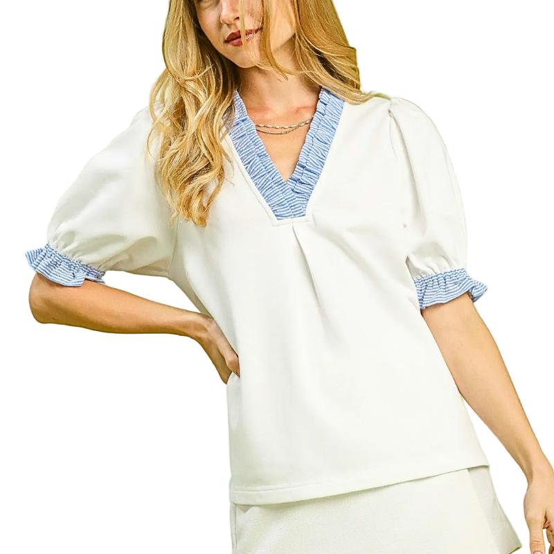 Umgee Blouse French Terry Off White Ruffle V-Neck Trim Puff Short Sleeve Top