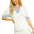 Umgee Blouse French Terry Off White Ruffle V-Neck Trim Puff Short Sleeve Top