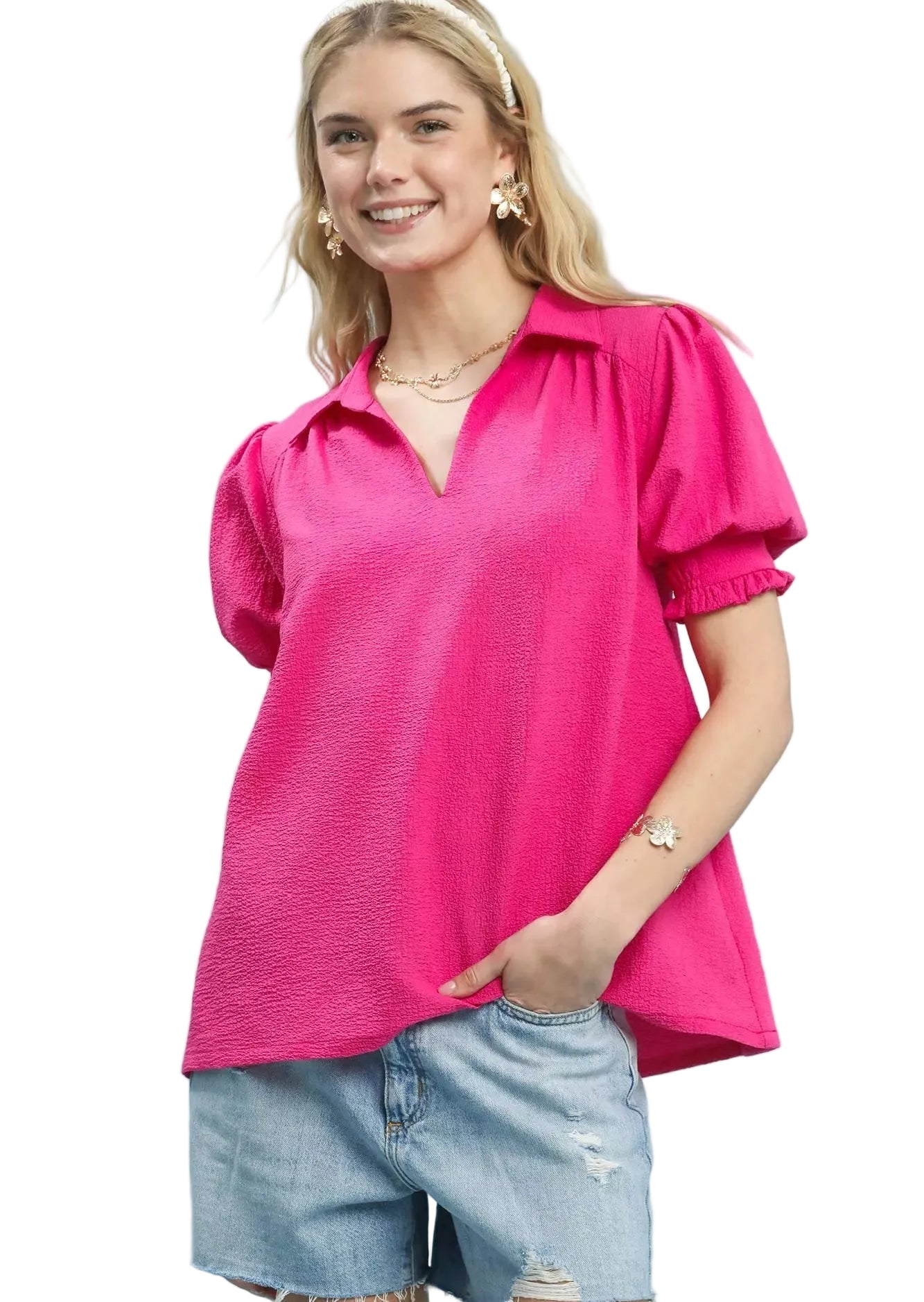 Umgee Blouse Fuchsia Seersucker Puff Short Sleeve Top