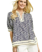 Umgee Blouse Geometric Leaf Print Navy Popover Top Women Casual Short Sleeve - Styleinger