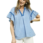 Umgee Blouse Gingham Check Blue V-Neck Lace Trim Ruffle Sleeve Casual Top