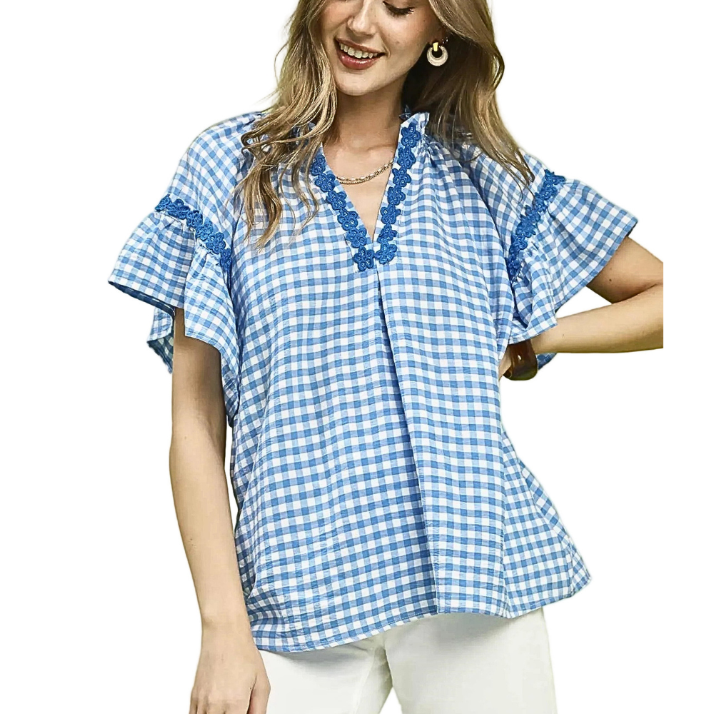 Umgee Blouse Gingham Check Blue V-Neck Lace Trim Ruffle Sleeve Casual Top