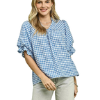 Umgee Blouse Gingham Check Blue V-Neck Ruffle Short Sleeves Casual Top