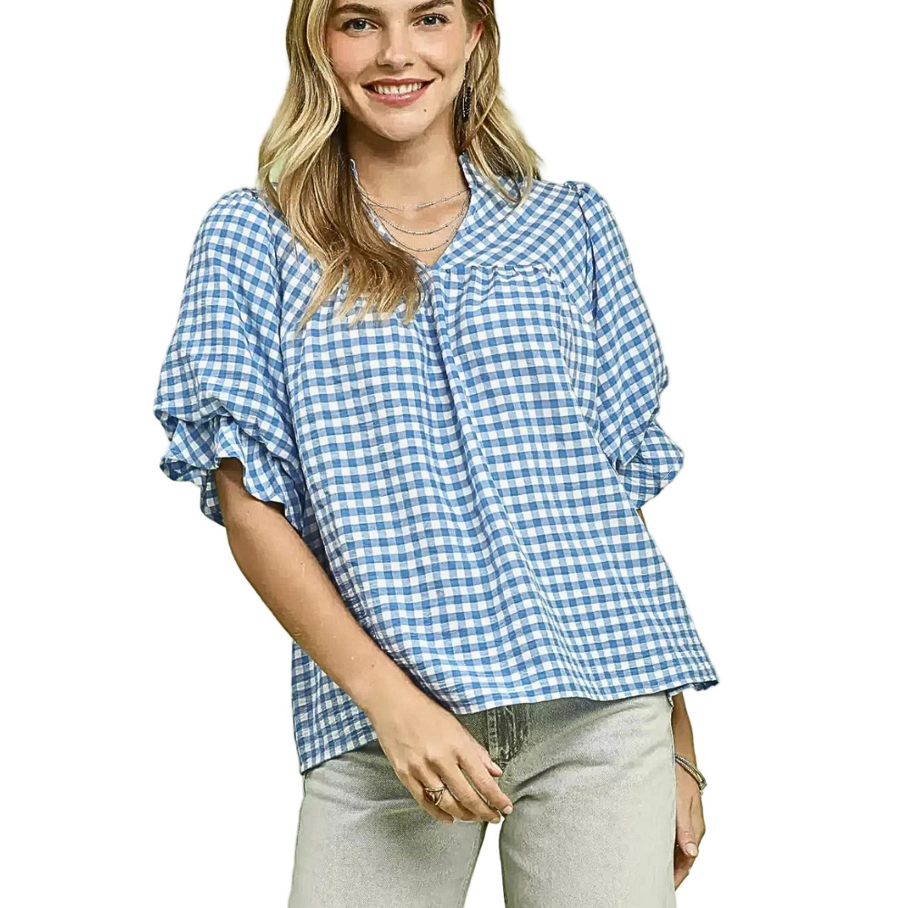 Umgee Blouse Gingham Check Blue V-Neck Ruffle Short Sleeves Casual Top