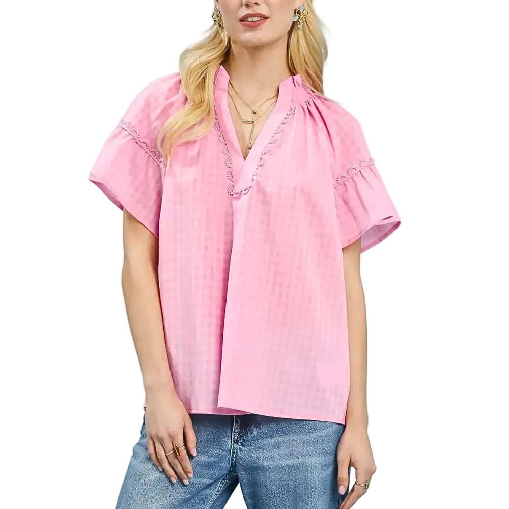 Umgee Blouse Gingham Check Pink V-Neck Lace Trim Puff Sleeve Casual Top