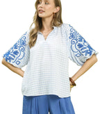 Umgee Blouse Gingham Embroidered Sky Blue Balloon Sleeve Women Casual Top - Styleinger