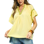Umgee Blouse Gingham Plaid Lemon V-neck Floral Lace Trim Short Sleeve Casual Top