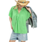 Umgee Bluse Vichy Karo Hellgrün V-Ausschnitt Spitzenbesatz Puffärmel Top