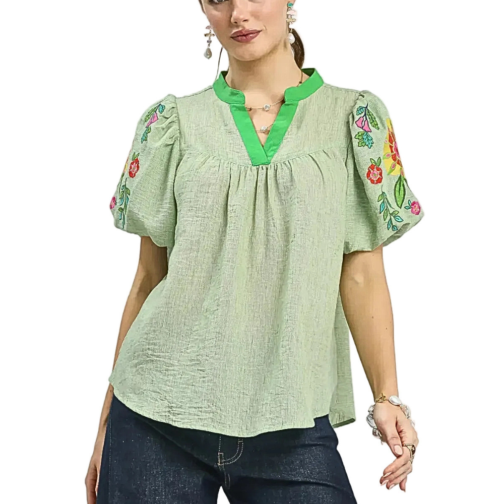 Umgee Blouse Green Floral Embroidered Puff Sleeve V-Neck Trim Casual Top