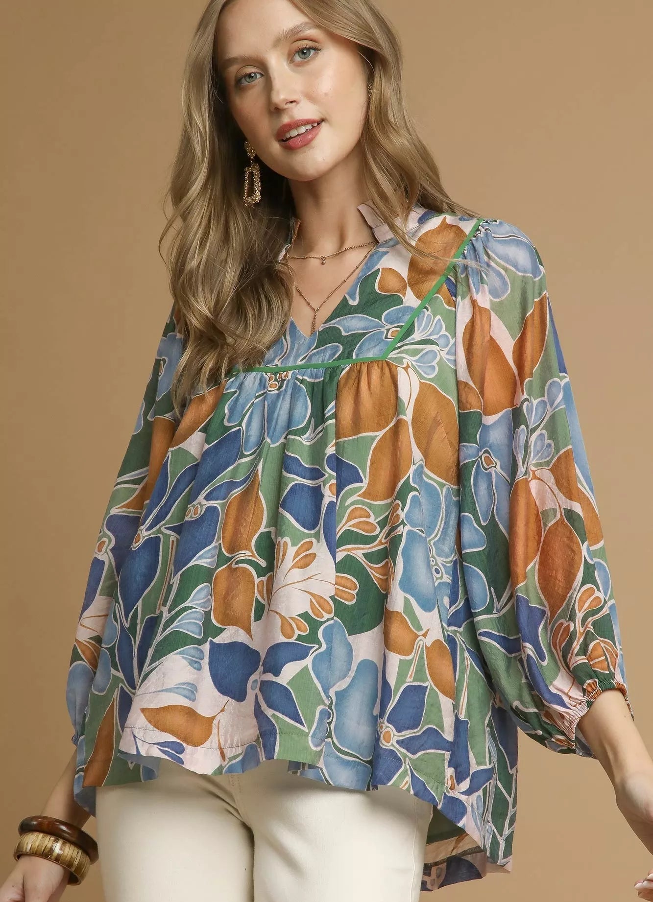 Umgee Blouse Green Floral Multicolor Abstract Print with Ruffle Neck Top GREEN MIX