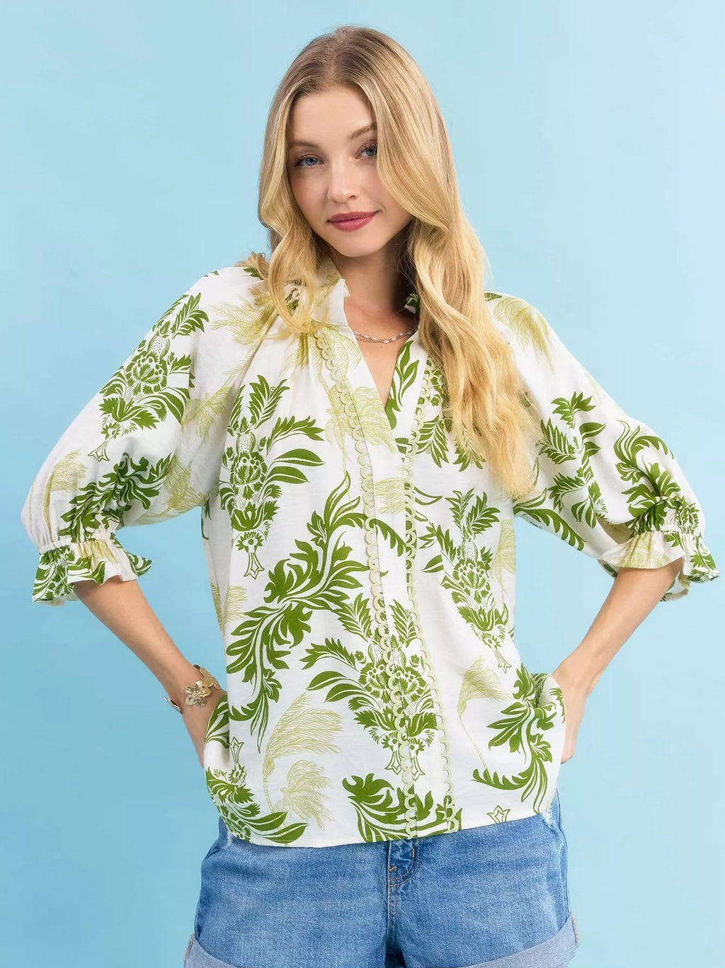 Umgee Blouse Green Leafy Damask Print Blouse with Contrast Scalloped Trim SAGE Umgee_Blouse_Green_Leafy_Damask_Print_Blouse_with_Contrast_Scalloped_Trim Trendsi